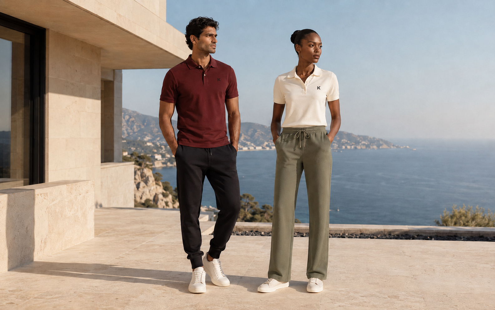 Premium Kalëthon polos and trousers in warm architectural light