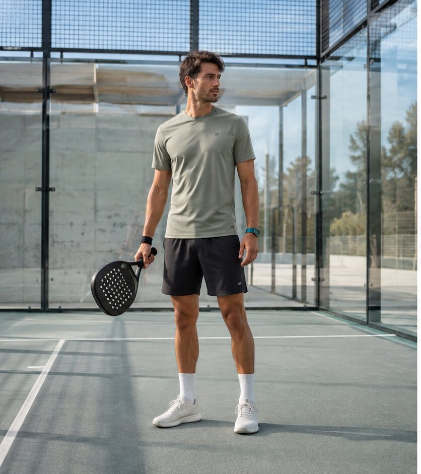 Kalëthon padel clothing beside a glass court